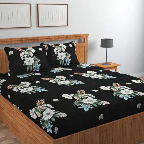 Image of NEW LEAF Premium Cotton Elastic Fitted Bedsheets with 2 King Size Pillow Covers | Double Bed with All Around Elastic 180 TC Supersoft |Size-72 King Sizex78+10 inches | Floral, Dark Grey