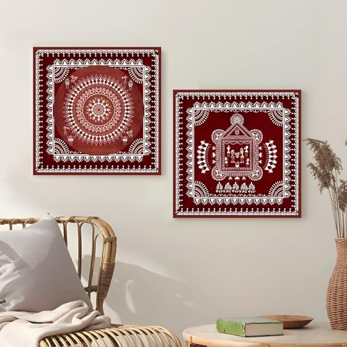 Image of PAINTINGMANTRA Marriage and Festival Celebration Warli Painting, Traditional Indian Maharashtra Warli Tribal Folk Wall Painting for Living Room, Home and Office Decor Set of 2, 12x12 inch
