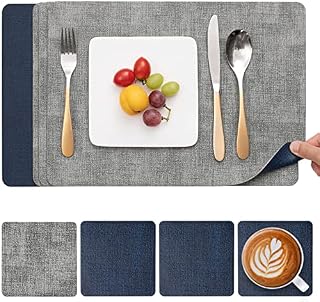 Myir JUN Placemats and Coasters Set of 4, Place Mats Dual Sided Faux Leather Table Mats PU Indoor Outdoor Heat Resistant Placemat Square Non Slip Wipeable Washable Dining Restaurant (Gray Pink)