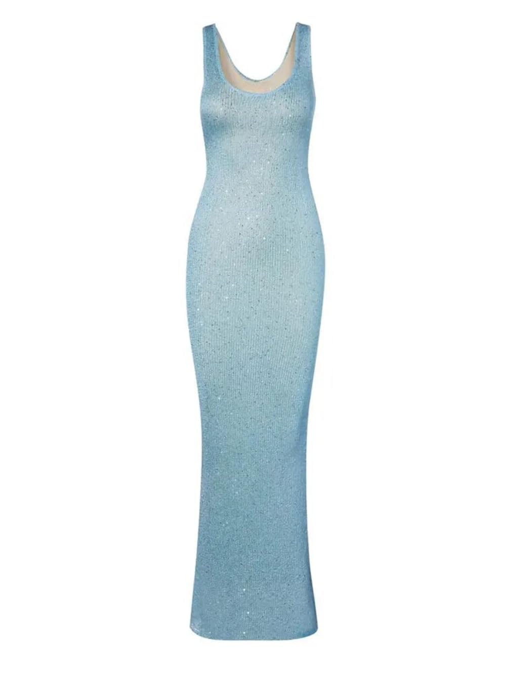 YELLOOP Knit Maxi Dress Long Bodycon Dresses Old Money Elegant Cocktail Dress Long Sweaters Dress Y2k (Blue,S,Small)