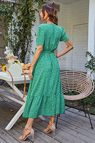PRETTYGARDEN Women's Summer Floral Boho Maxi Dress Wrap Short Sleeve V Neck Ruffle A-Line Flowy Wedding Guest Long Dresses