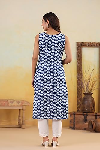 Image of Ichaa Women's All-Over Printed Sleeveless Kurta | Straight Fit Ethnic Kurta | Round Neck Casual Ethnic Wear Kurta