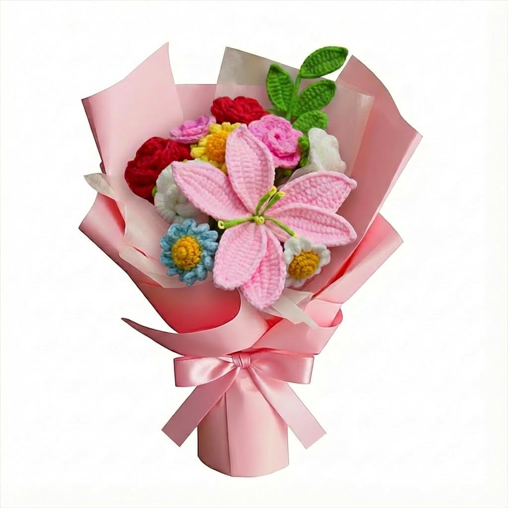 Crochet flowers handmade pink Lily flower crochet bouquet for wife,Mother,crochet Roses flower Completed for Lover Anniversary Birthday Graduation Valentine's Day Gift Wedding home Decor(pink)