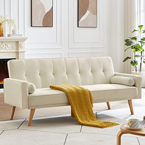Mwrouqfur Modern Fabric Sofa Bed Futon,Convertible Sleeper Loveseat With 2 Pillows And Armrests,75" Folding Recliner Couch Bed With Solid Wood Legs For Living Room Apartments Office (Beige) #TOP1