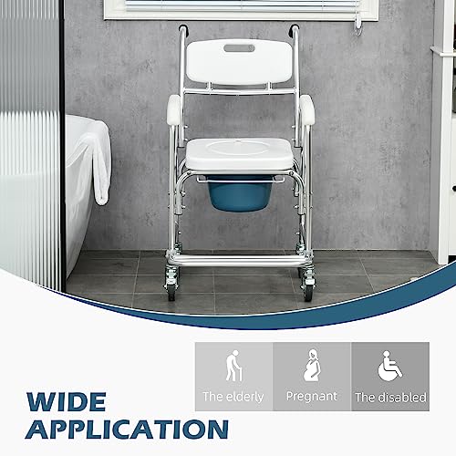 Homcom 3 In 1 Shower Commode Wheelchair, Transport Beside Commode Chair, Waterproof Rolling Over Toilet Chair 330 Lbs. Weight Capacity With Padded Seat, White #TOP5