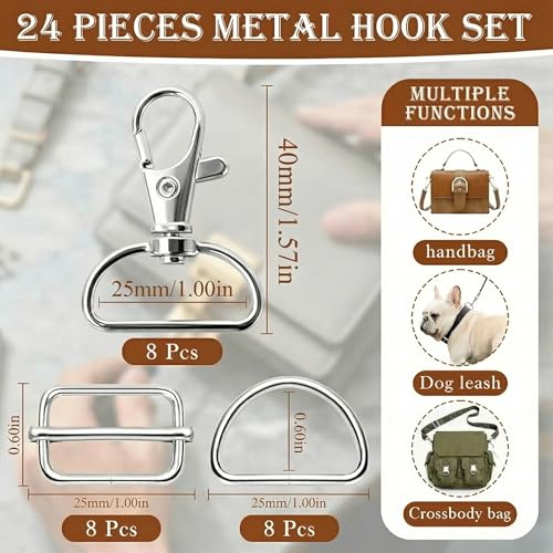 ZoeWei Taschenzubehör 24 Stück Taschenzubehör zum Nähen, D Ringe 25mm, Leiterschnallen und Karabinerhaken mit Drehgelenk, Metall-Set für DIY Handtaschen, Hundegeschirr und Schlüsselanhänger