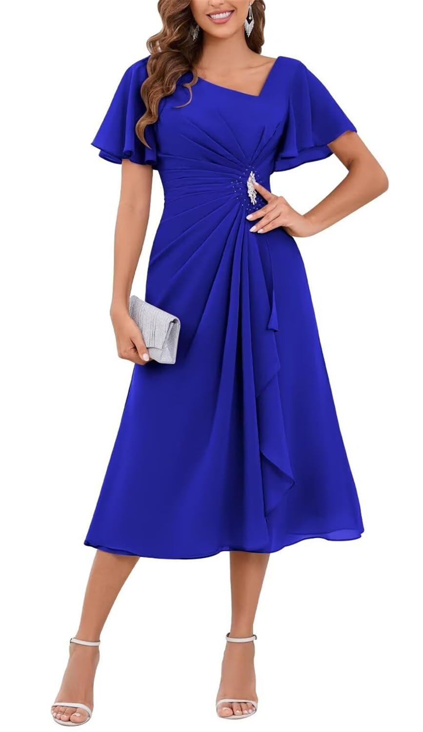 YIANN Flutter Sleeve Chiffon Mother of The Bride Dresses for Wedding Plus Size Royal Blue Tea Length Formal Evening Dress UK18