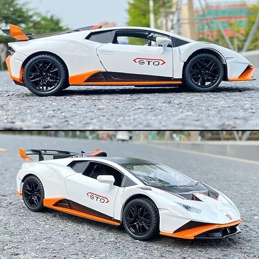 Image of DEOXY 1 /24 Big Lamborghini Huracane STO Toy Car - Metal Pull Back Diecast Model with Openable Doors, Sound & Lights for Kids and Collectors (STO White)