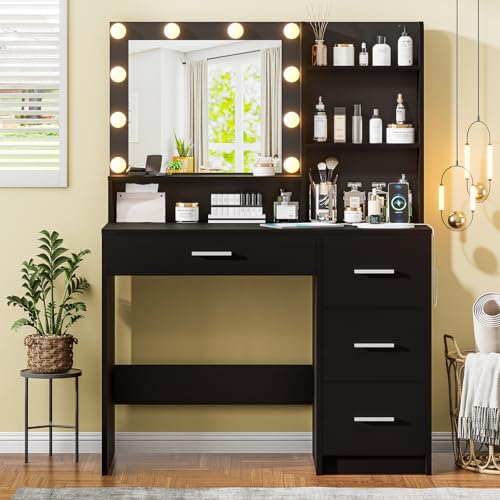 DDONGMM Vanity Desk with Lighted Mirror, Black Vanity with 4