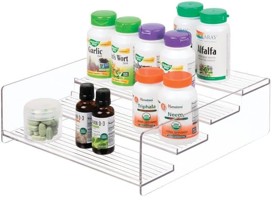 mDesign Plastic Bathroom Storage Organizer Shelf for Cabinet, Vanity, Countertop - Holds Vitamins, Supplements, Medicine Bottles, Nail Polish, Makeup - 4 Levels - Ligne Collection, 2 Pack, Clear