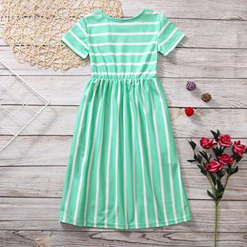 Cute Kids Girls Short Sleeve Stripe Dress Summer Casual Loose Dresses Holiday Long Maxi Dress with Pockets 2~12Y3