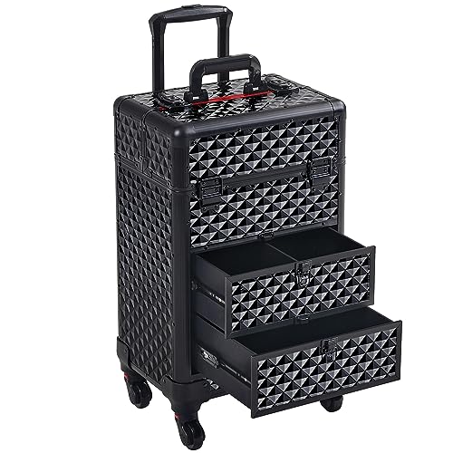 Yaheetech Valigetta Trucchi Trolley Make Up Valigia con 2 Cassetti Ruote Girevoli 360° Beauty Case da Viaggio Rigido Per Estetista Professionale 34,5×24,5×58 cm Nero