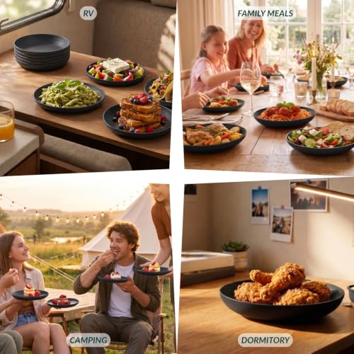 Image of Homienly Wheat Straw Plates Unbreakable Deep Dessert Plates Set of 8 Plastic Plates Reusable Microwave Safe Plate for Kitchen Camping Party Dishwasher Safe Stackable Appetizer Plates (8in, Black)