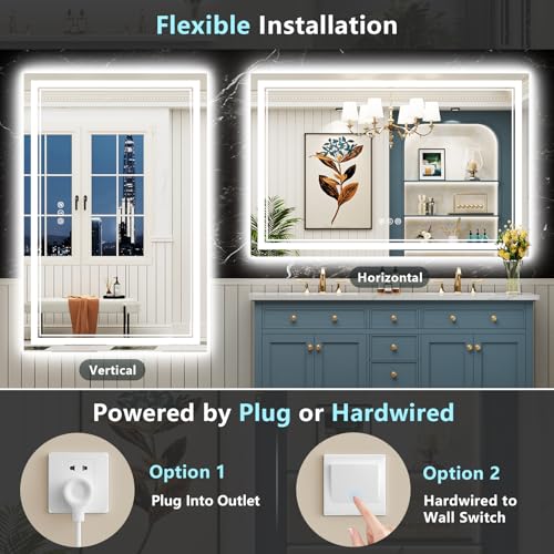 Image of 55x36 LED Bathroom Mirror with Lights, Backlit and Front Lit Anti-Fog Lighted Vanity Mirrors for Bathroom Wall, Dimmable, 3-Color Light, Memory, Shatter-Proof, HD Tempered Glass, CRI>90