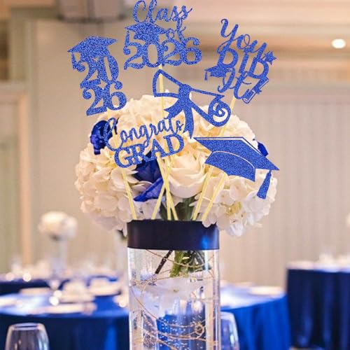 Image of Graduation Centerpiece Sticks 24PCS Glitter Grad Picks Party Table Decor Senior High School College Sign Blue