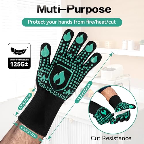 Image of BBQ & Grill Gloves, Oven Gloves, 1472F Silicone Oven Mitts Heat Resistant Grilling Gloves Fireproof Non-Slip for Barbecue Cooking Baking Smoking, 1-Pair (Green, Medium)