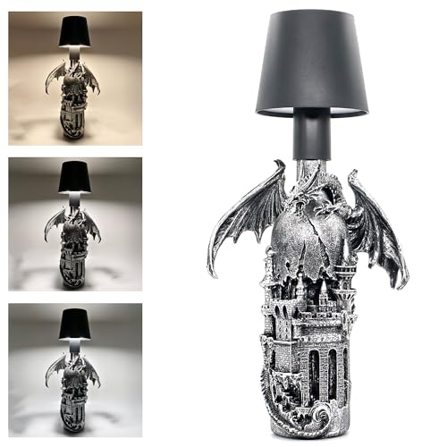 Dragon Statue Lamp Gothic Decor-Dungeons and Dragons Gifts - Bottle Lamp 5000mAh Battery Operated, 3 Color Stepless Dimming Up for Bedroom/Bookshelf/Desk Dragon Lamp