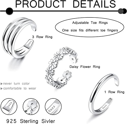 MILACOLATO 925 Sterling Silver Rings For Women Girls Ladies, Open Adjustable Toe Rings Sandals, Gold Daisy Flower Band 3 Row Thumb Knuckle Toe Rings Cuff Platinum Plating Barefoot Foot Jewellery