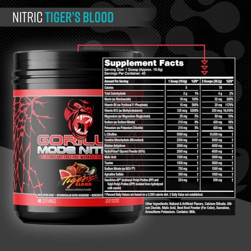 Image of Gorilla Mode Nitric Upgraded Stimulant Free Pre-Workout - Best Tasting and Most Effective Stimulant Free Pre-Workout /Massive Pumps . Vasodilation . Power / 784 Grams (Tigers Blood)