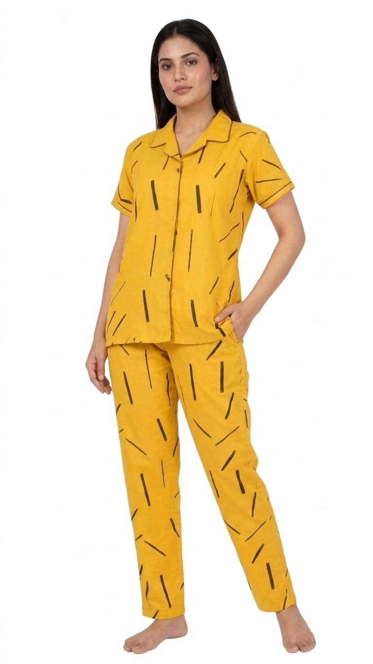 Women’s Cotton Nightwear Pyjama Set for Ladies Printed Collared Top & Pyjama Half Sleeve Sleepwear Soft, Comfortable & Breathable Night Suit Sizes M L XL