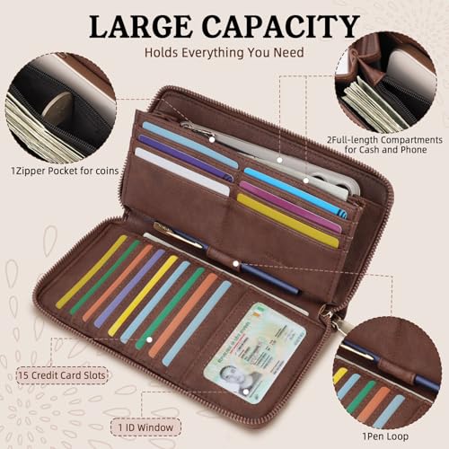 Image of APHISON Wallet Women Large Capacity Clutch Purse For Ladies Card Holder RFID Wristlet Phone Zipper Coin Travel Pocket, 01-coffee, 8.2 inch x 4.33 inch x 1 inch