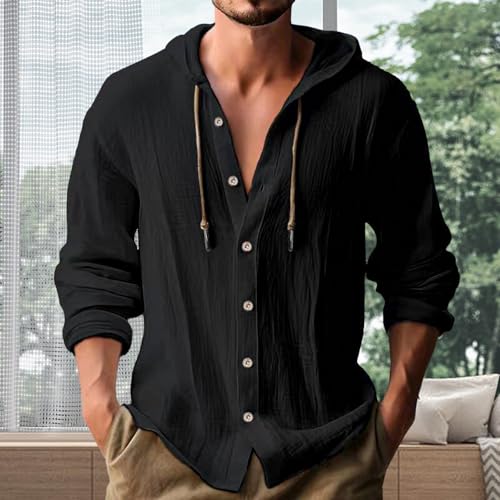 Costaric Cotton Linen Hoodies Fall Casual Button Down Long Sleeve Pullover Hoodie 2024 Winter Fashion Tops with Hat2