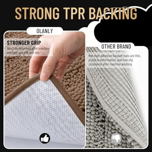 Image of OLANLY Thick Bathroom Runner Rugs 44x24, Extra Absorbent Chenille Striped Bath Rugs, Rubber Backing, Machine Wash Dry, Long Bath Mats for Bathroom Floor, Tub and Shower, Home Decor Accessories, Mocha