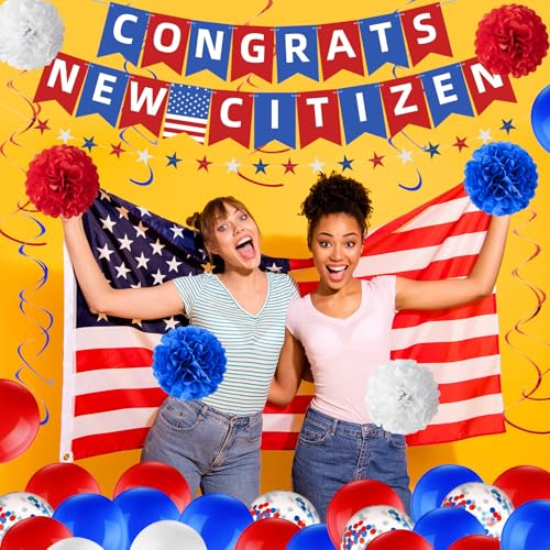 Image of RoundFunny 45 Pcs New Us Citizenship Gifts, Blue White and Red Party Decorative Kit, Congrats New Citizen Decoration Banner, Balloons, Paper Poms, Patriotic Supplies for Men Women
