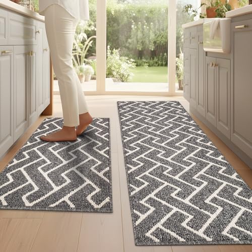 Image of hicorfe Indoor Door Mat,Set of 2 Non Slip Welcome Mats for Floor,Comfort Washabe Carpet for Hallways Entryway Laundry Room(24 inchx35 inch+20 inchx59 inch,Silver Grey)