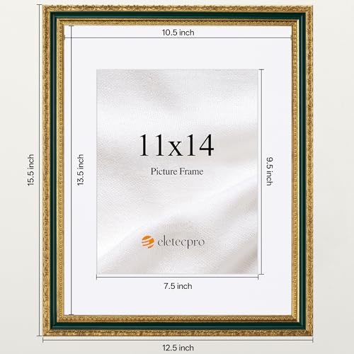 Image of eletecpro 11x14 Vintage Picture Frame, Glass Cover, Green Gold, 2-Pack | Display Photo 8x10 with Mat or 11x14 without, Horizontal or Vertical, Tabletop or Wall Decor