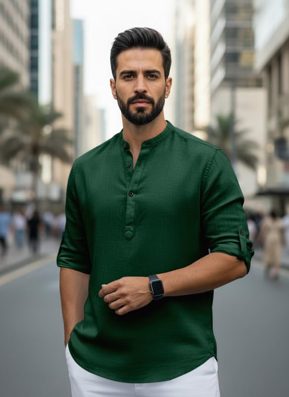 Image of Men Cotton Blend Mandarin Collar Casual Kurta Shirt | Roll-Up Sleeves | Regular Fit Ethnic Short Kurta for Daily