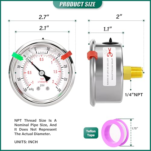 Image of -30inHG-30psi Stainless Steel Glycerin Liquid Filled Vacuum Pressure Gauge 1 /4 inch NPT 2.5 inch Face Dial Center Back Mount, for Water, Oil and Air Pressure Testing (with Range Mark Pointer)