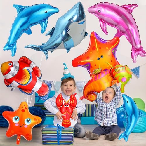 Image of Rozi Decoration Under the Sea Foil Balloons Set - 14 Pcs Ocean Theme Party Decorations | Shark, Dolphin, Octopus, Seahorse, Starfish & Fish Balloons | Birthday, Baby Shower, Kids Pool Party Supplies