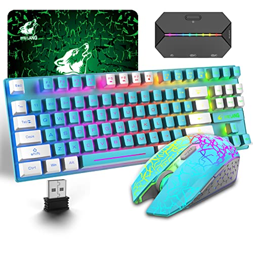 【コンバーター付き】UrChoiceLtd T87ワイヤレスゲーミングキーボードマウスセット、リンボーLEDバックライト、英語配列,3800mAh大容量、無線、2400DPIマウス 2.4G 静音マウス コンバーター コンパクト Switch/PS4/PS3/Xbox One対応 (ブルーホワイト)