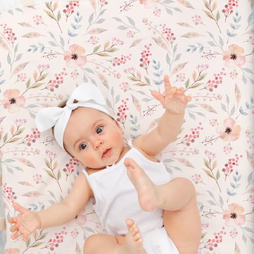 Image of 4 Pack Floral Crib Sheet Set for Baby Girl, Soft Breathable Fitted Pink Crib Sheet 28 x 52 in, Vintage Wildflower Nursery Decor for Standard Crib and Toddler Bed Mattresses