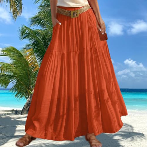 Women's Casual Boho Elastic Waist Cotton Linen A-Line Maxi Skirts, 2025 Fashion Soft Swing Beach Long Skirt with Pockets4