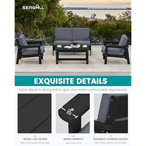 SERWALL HDPE Outdoor Furniture Set, 4 Piece All Weather Outdoor Sofa Set, Wood-Like Outdoor Sectional Couch, Patio Furniture Set for Porch Balcony Garden Backyard, Black Frame with Grey Cushions SERWALL HDPE Outdoor Furniture Set 4 Piece All Weather Outdoor Sofa Set Wood Like Outdoor Sectional Couch Patio Furniture Set for Porch Balcony Garden Backyard Black Frame with Grey Cushions