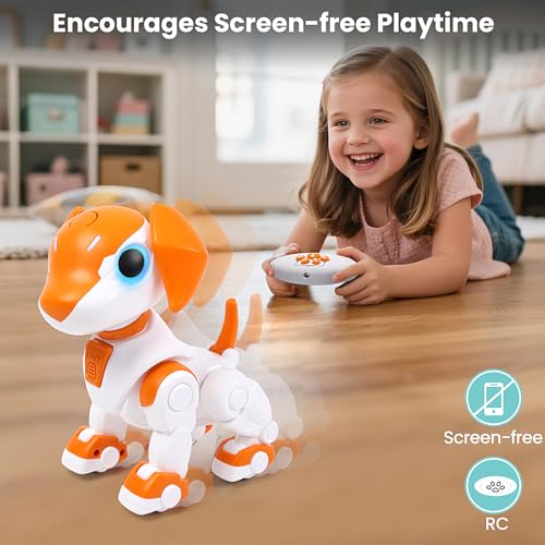 Image of IQKidz Remote Control Robot Toys Dog for Kids Age 3-8, RC Smart Walking Electronic Pet Dog Toy with Light Eyes, Dancing and Music, Gift Ideas for Toddler Boys and Girls 4 5 6 7 Year Old
