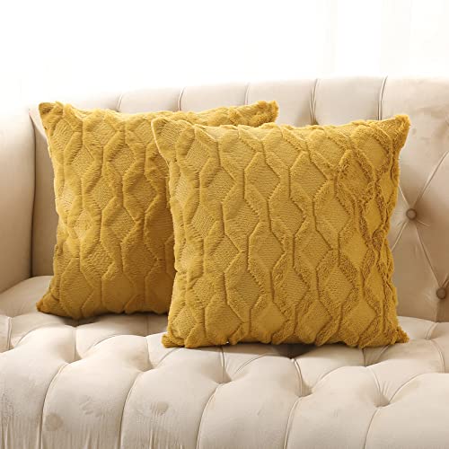 Image of Volcanics Pack of 2 Faux Wool Throw Pillow Covers 20x20 Inches Decorative Farmhouse Velvet Couch Pillow Case Soft Plush Square Boho Cushion Pillowcase, Yellow