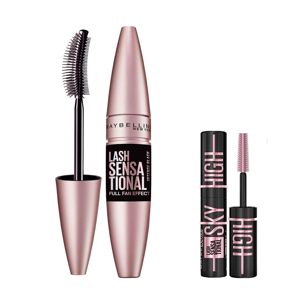 Maybelline New York Lash Sensational Yelpaze Etkili Intense Black Maskara - Ekstra Siyah 9.5 ml & Mini Lash Sensational Sky High Cosmic Black Maskara Makyaj Seti