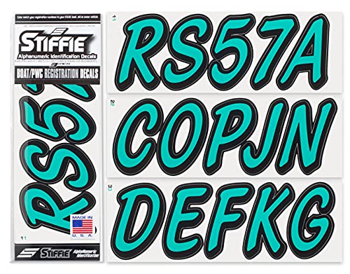 Image of STIFFIE Whipline Solid Sea Teal /Black 3 inch Alpha-Numeric Registration Identification Numbers Stickers Decals for Boats & Personal Watercraft