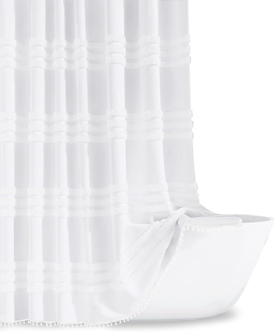 Inhousolu Wide Woven Fabric Shower Curtain, 256GSM, Boho Tufted Textured Striped Tassel, Wrinkle Free, Modern Farmhouse Minimalist, Water-repellent Cloth Bath Curtain for Bathroom 108"W x 72"L White