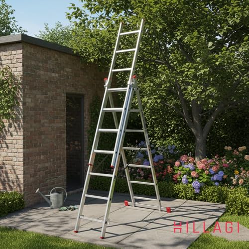 Hillagi 3x7 Mehrzweckleiter, Vielzweckleiter, 3x7 Sprossen, 3-teilige Alu-Kombileiter, bis 150 kg belastbar, max. Arbeitshöhe 4,3 m, Klappleiter, Multifunktionsleiter, Stehleiter, Silber/Rot