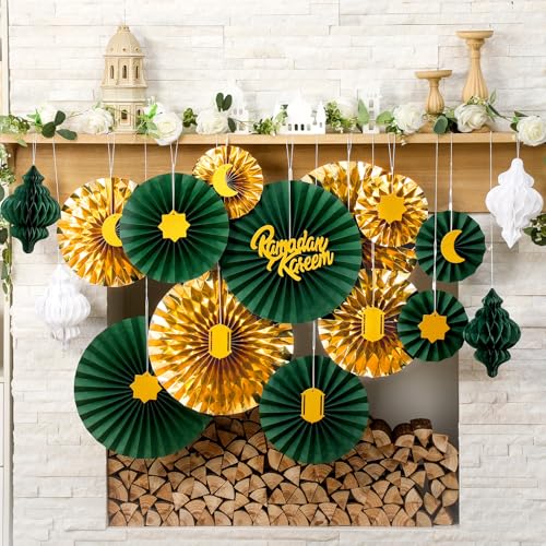Epakh 29 Pcs Eid al Adha Decorations for Home Eid al Adha Hanging Paper Lantern Wall Ceiling Decoration Honeycomb Paper Fan Decoration Home Wedding Party Supply(Green & Gold)