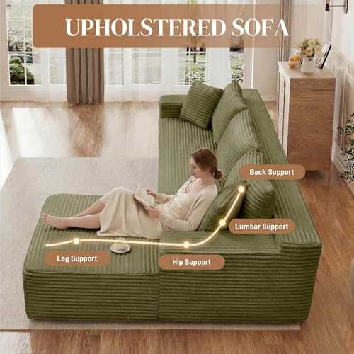 Image of 95 inch L Shaped Cloud Boneless Sectional Couches for Living Room, Modern Comfy Modular Deep Seat Memory Foam Compressed Corduroy Sofa Oversized Right Facing Chaise, No Assembly Required, Green