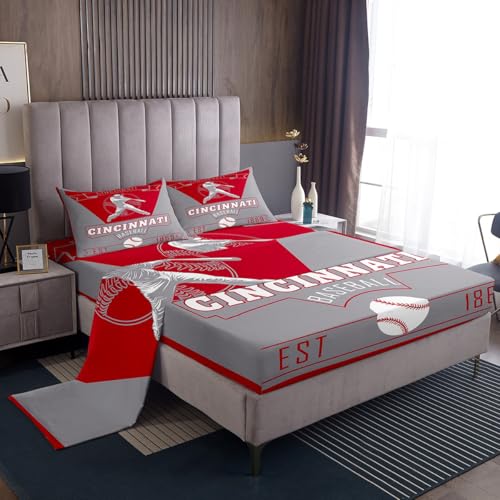 Feelyou Baseball Bed Sheets Sets Twin Size Kids Boys Girls Cincinnati Bedding Set Baseball City Bed Sheet Set with 16-Inch Deep Pockets Sports Game 3Pcs with 1 Pillow Cases