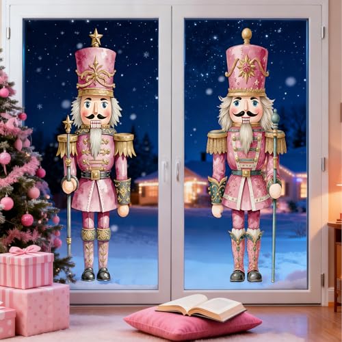 FYSUIMU Christmas Nutcracker Window Cling Stickers Extra Large Pink Nutcracker Soldiers Window Decals Cute Cartoon Xmas Stickers for Holiday Party Home Office School Decoration, 2 Sheets