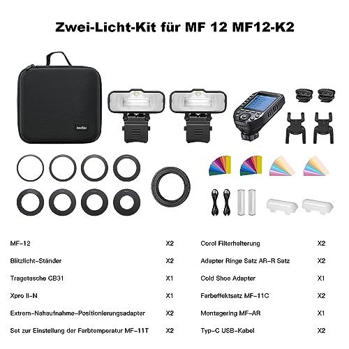 Ficha técnica GODOX MF12-K2 Macro Flash Macro Flash con godox XproII-N y Filtro Colorido, Control inalámbrico de 24 G, Modo TTL/M, batería de Litio de 37 V/629 W, GODOX MF12-K2 Compatible con Nikon, Sony, Canon, Fuji - Fernando Cortés