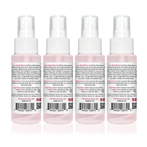 Well's Organic Rosewater Mist 2Oz Travel-Size Mini-Bottle (Pack Of 4) I Natural Spray Toner I Refreshing, Glowing Skin, All Skin Types I No Alcohol I No Parabens I No Dyes I Skincare And Haircare #TOP2