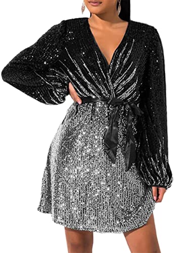 828 - Plus Size Long Sleeves Wrapped V Neck Sequins Skater Style Cocktail Evening Club Dress (4X, Black Silver)
